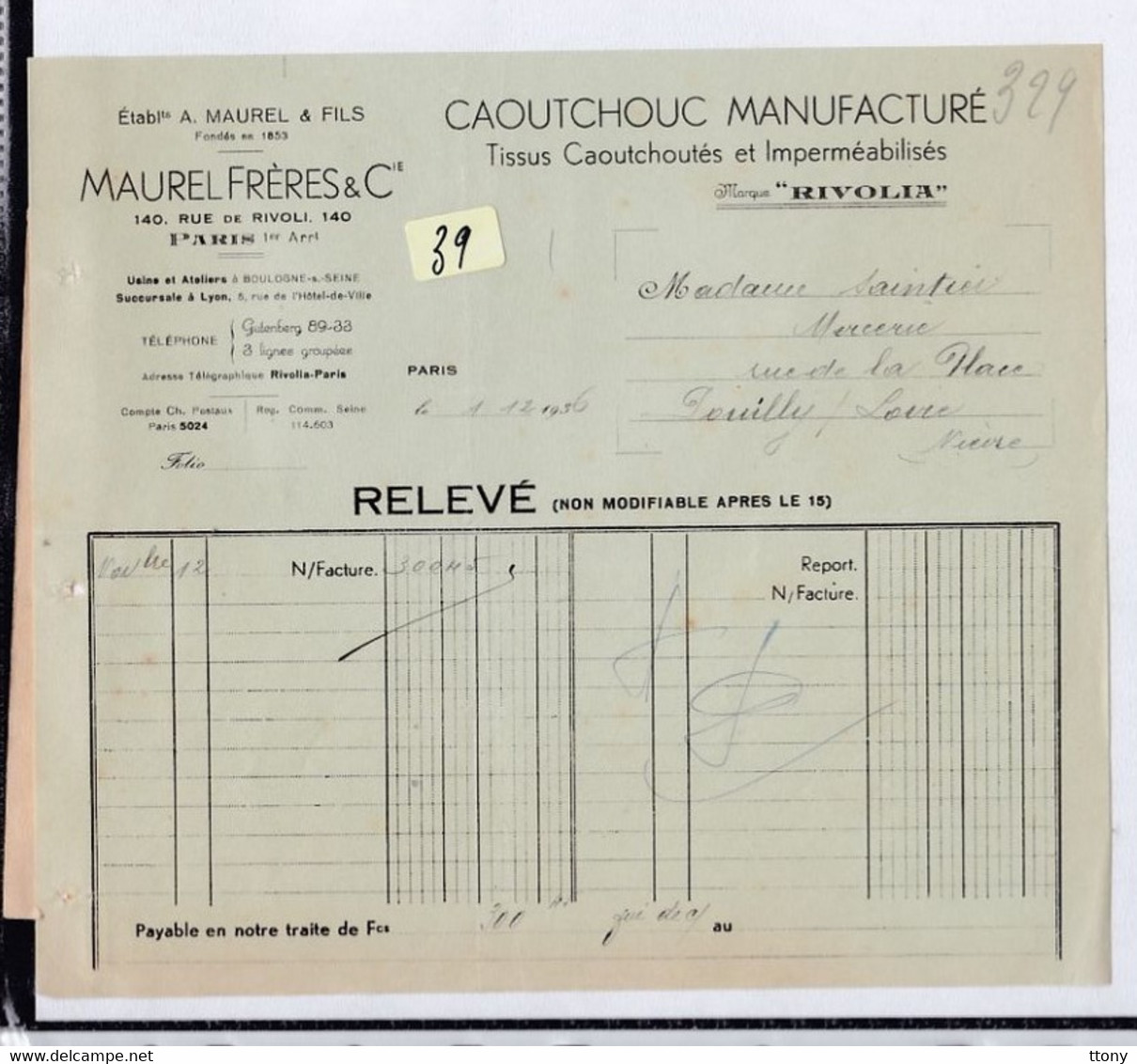 Une Facture  :   Ets   A  .  Maurel  & Fils  Rue Rivoli Paris 1936  Caoutchouc  Manufacture - Droguerie & Parfumerie