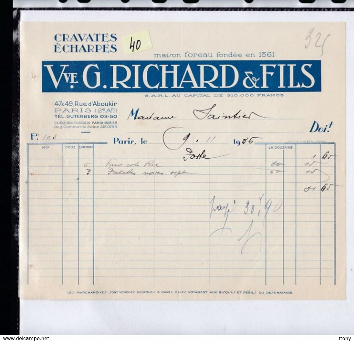 Une Facture  :   Ets  Vve .G. Richard & Fils     Paris    1936    Cravates écharpes  Maison Foreau  Fondé En 1862 - Droguerie & Parfumerie