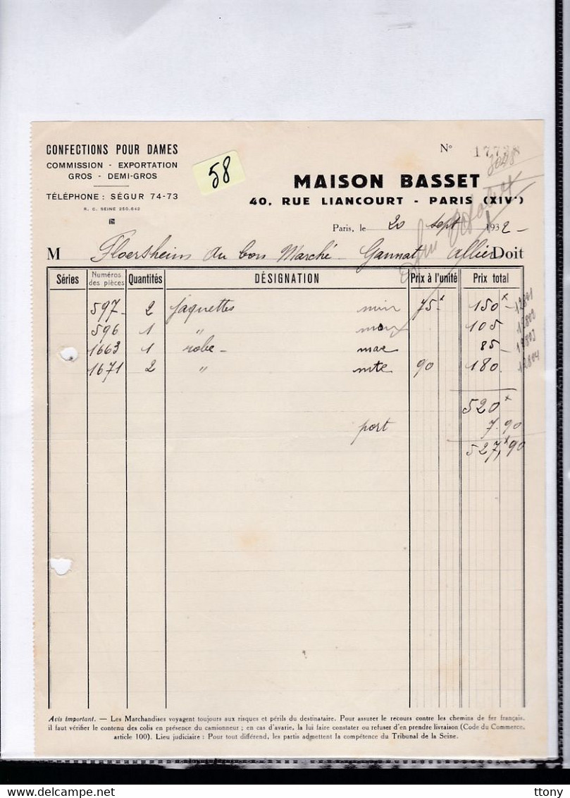 Une Facture  Confection Pour Dames  Ets: Maison   Basset    Rue Liancourt Paris 1932 - Droguerie & Parfumerie