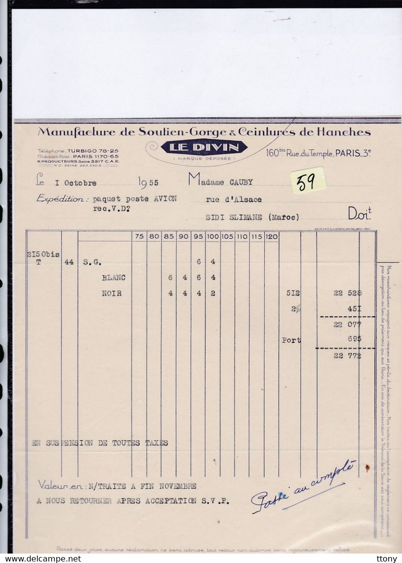 Une Facture   Ets  : Le Divin    Manufacture De Soutien -George   Rue Du Temples Paris 1955 Destination Maroc - Droguerie & Parfumerie