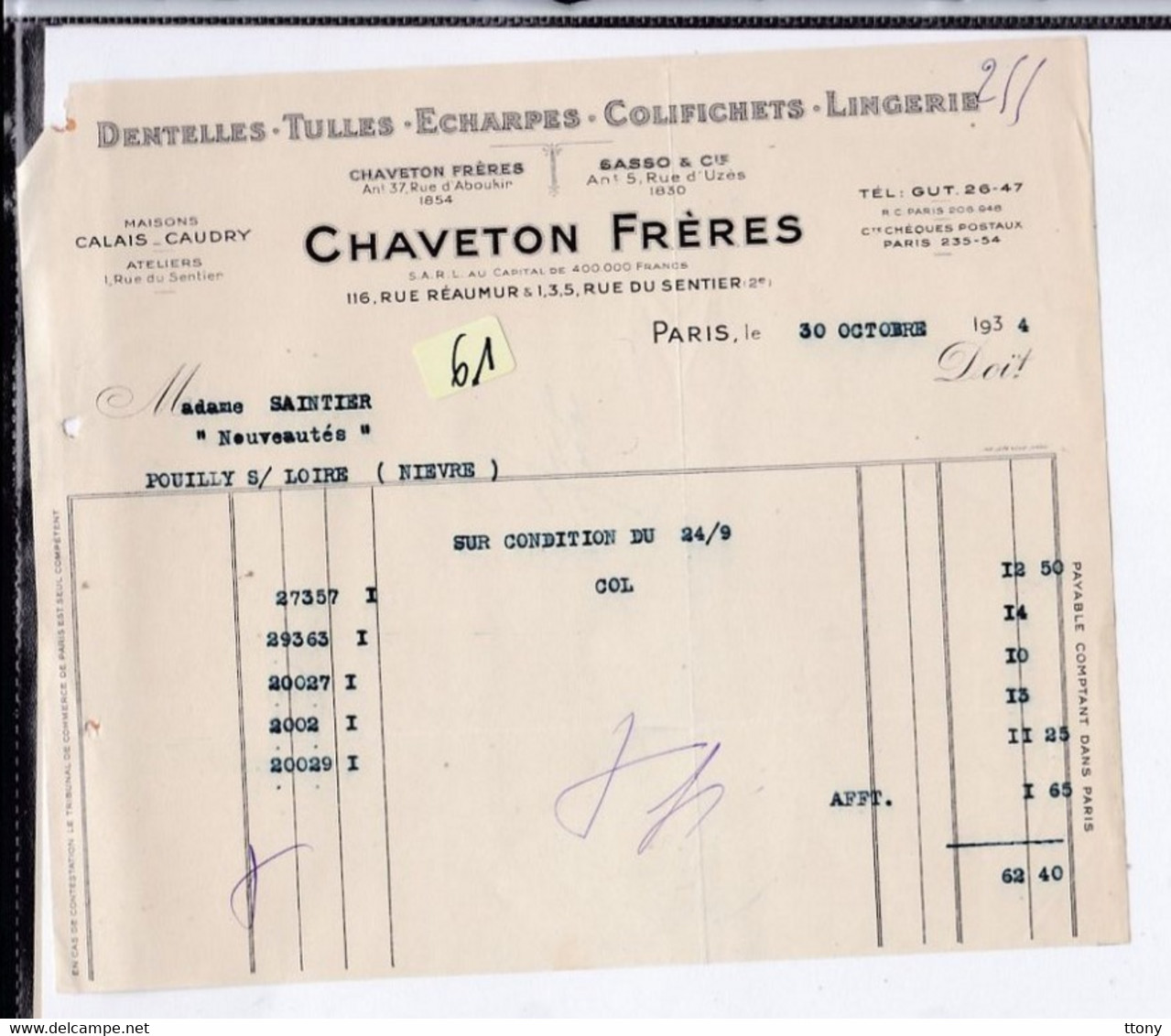 Une Facture   Ets  : Chaveton Frères  Dentelles Tulles Echarpes Lingerie   Paris  1934 - Droguerie & Parfumerie