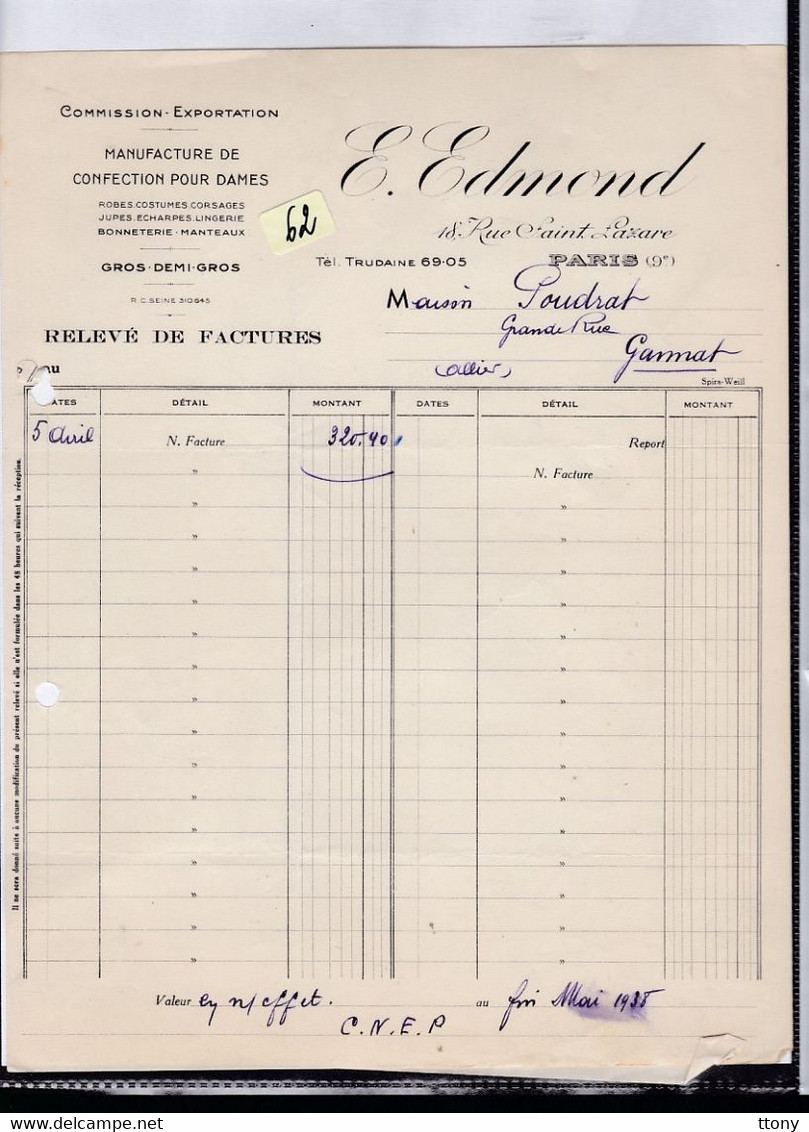 Une Facture   Ets  :  E . Edmond  Commission & Exportation  Manufacture De Confection Pour Dames 1938 - Droguerie & Parfumerie