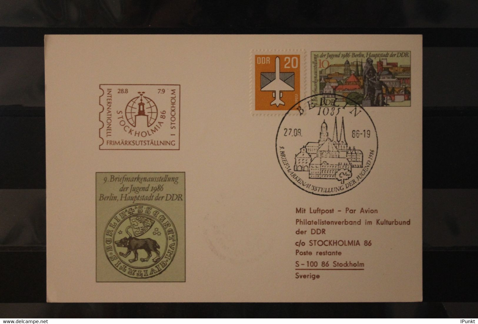 DDR 1986; Ganzsache P 94; 9. Briefmarkenausstellung Der Jugend 1986, Zudruck STOCKHOLMIA 86, Mit Stempel Stockholm - Cartoline Private - Usati