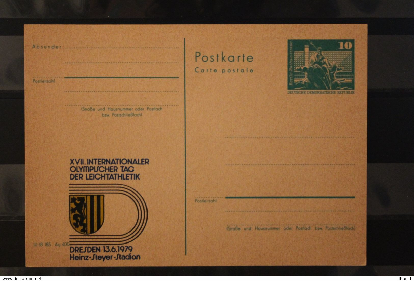 DDR 1979; Ganzsache Mit Zudruck: XVII. Intern. Olympischer Tag; Heinz-Steyer-Stadion Dresden - Private Postcards - Mint