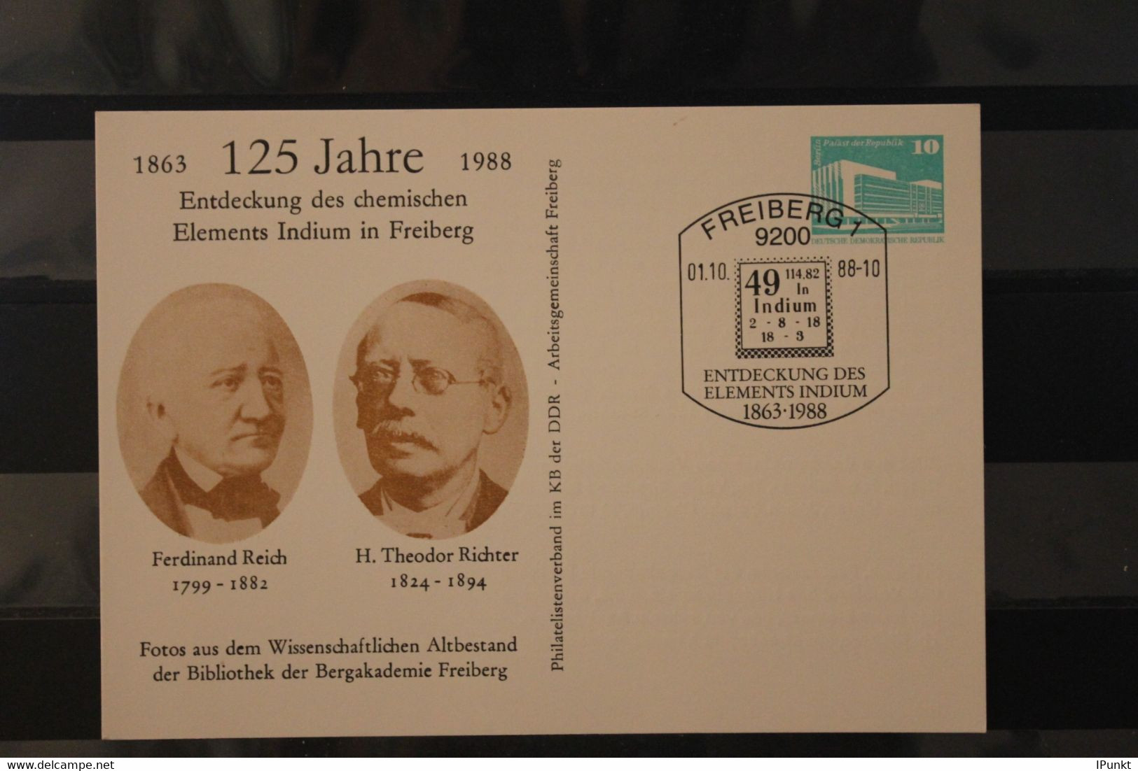 DDR 1988; Ganzsache 125 Jahre Entdeckung Des Elements Indium In Freiberg, SST Freiberg - Privé Postkaarten - Gebruikt