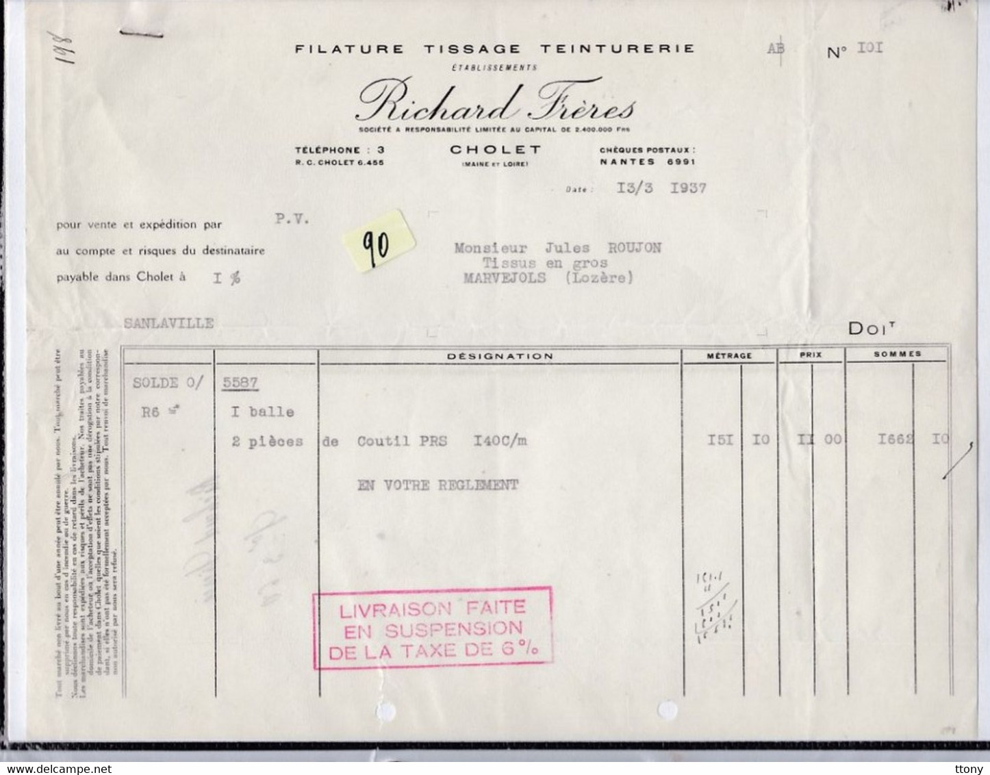 Une Facture   Ets  : Richard Frères   Filature Tissage Teinturerie    Cholet  ( Maine Et Loire ) 1937 - Droguerie & Parfumerie