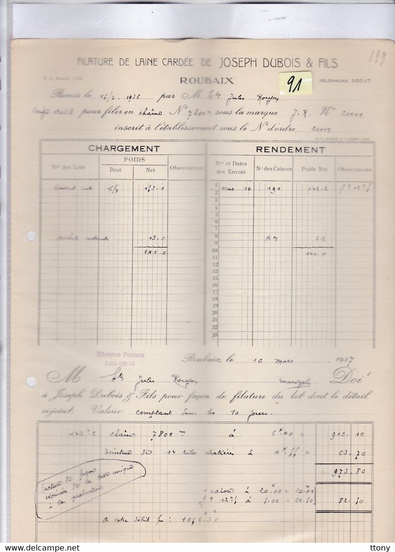 Une Facture   Ets  : Joseph Dubois & Fils  Filature De Laine Cardée  Roubaix   1936 - Droguerie & Parfumerie