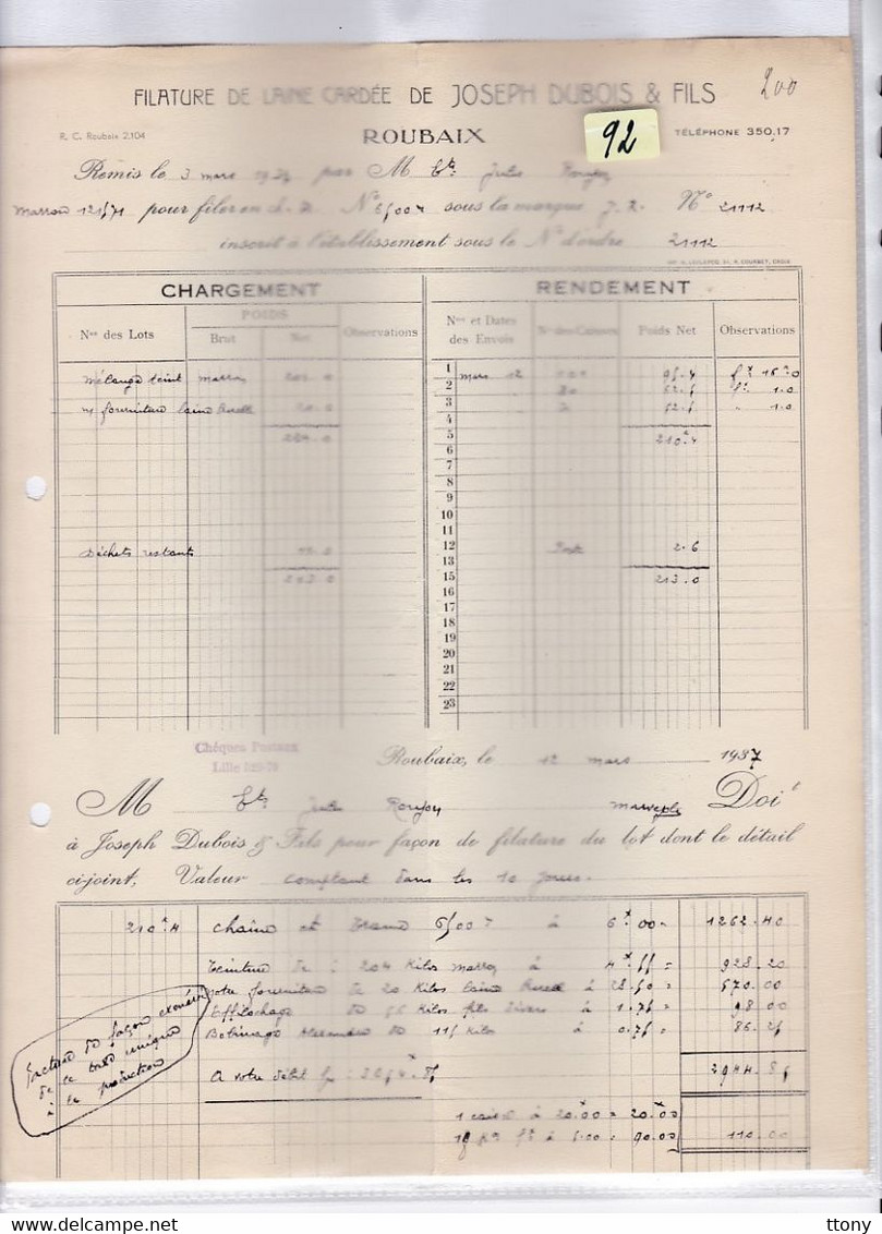 Une Facture    Ets  : Joseph Dubois & Fils  Filature De Laine Cardée  Roubaix   1937 - Droguerie & Parfumerie