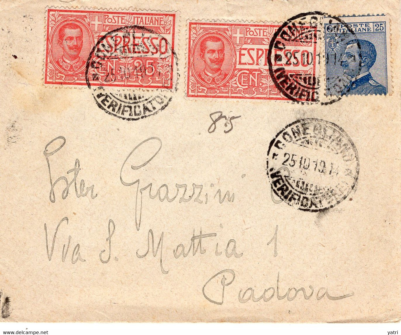Regno D'Italia (1919) - Espresso Da Conegliano Per Padova - Marcofilie