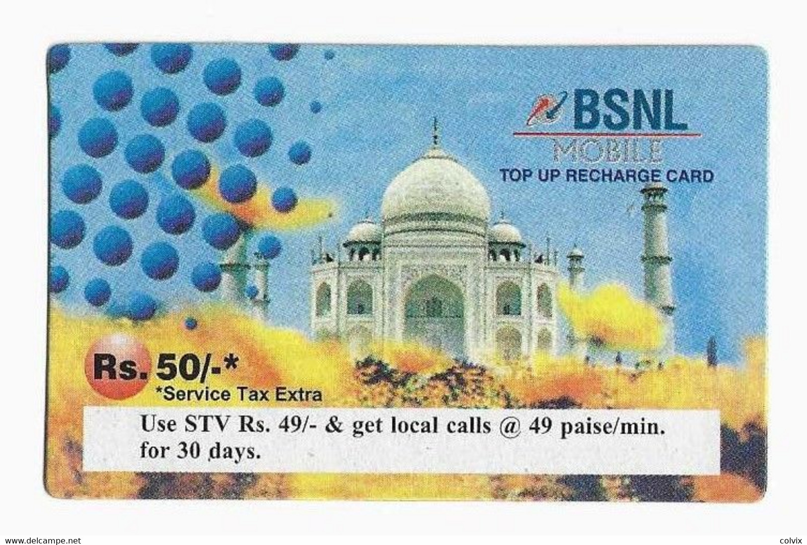 INDE RECHARGE  BSNL MOBILE RS 50 Au Verso RAJASTHAN TELECOM CIRCLE JAIPUR Date Exp 31/12/2010 - India