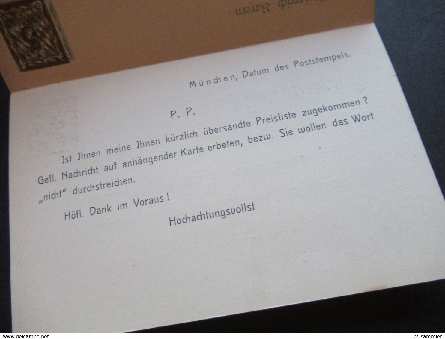 AD Bayern GA Doppeldarte mit Überdruck Drucksache PZD 8 Stempel München25.6.1912 und Bedruckung P.P. München