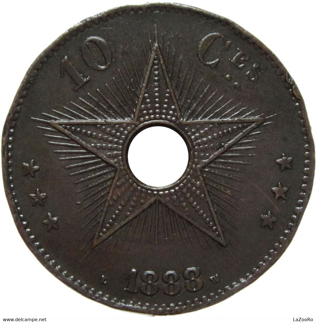 LaZooRo: Belgian Congo 10 Centimes 1888 VF / XF Rare - 1885-1909: Leopold II
