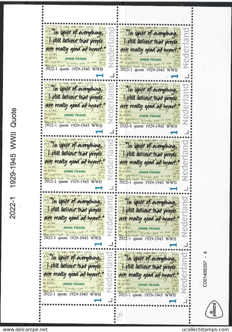 Nederland  2022-1  Anne Frank  1929-1945 WWII  Quote      Vel-sheetlet  Postfris/mnh/neuf - Nuevos