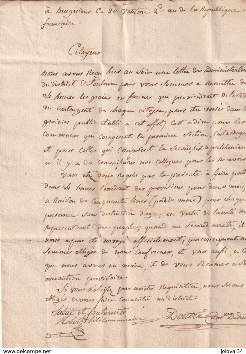 Vive La République Et La Montagne  10 Sols à L' Exprès De BRUGUIERES 20 Ventose An 2 à Maire ST LOUP Haute Garonne - 1701-1800: Precursors XVIII