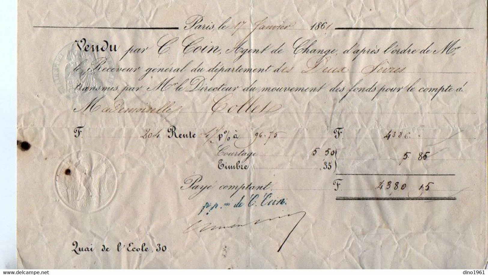 VP18976 - 1861 - Document Commercial - Banque - Mr COIN Agent De Change à PARIS Quai De L'Ecole - Banco & Caja De Ahorros