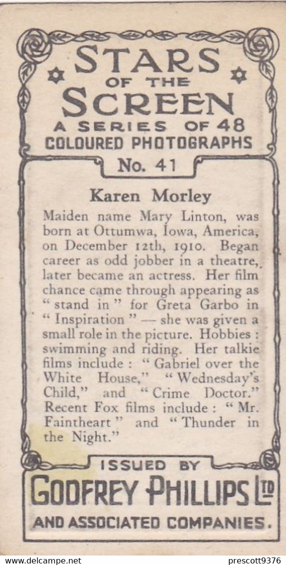 41 Karen Morley - Stars Of The Screen 1936 - Original Phillips Cigarette Card - Film- Coloured Photo - Phillips / BDV