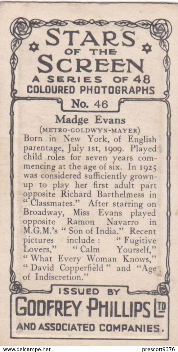 46 Madge Evans - Stars Of The Screen 1936 - Original Phillips Cigarette Card - Film- Coloured Photo - Phillips / BDV