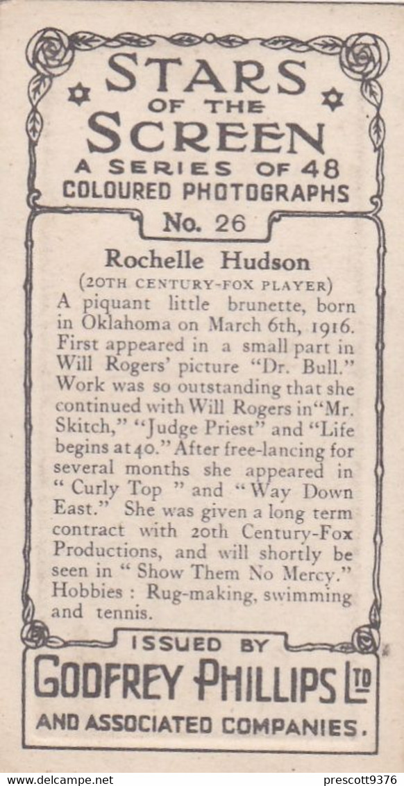 26 Rochelle Hudson - Stars Of The Screen 1936 - Original Phillips Cigarette Card - Film- Coloured Photo - Phillips / BDV