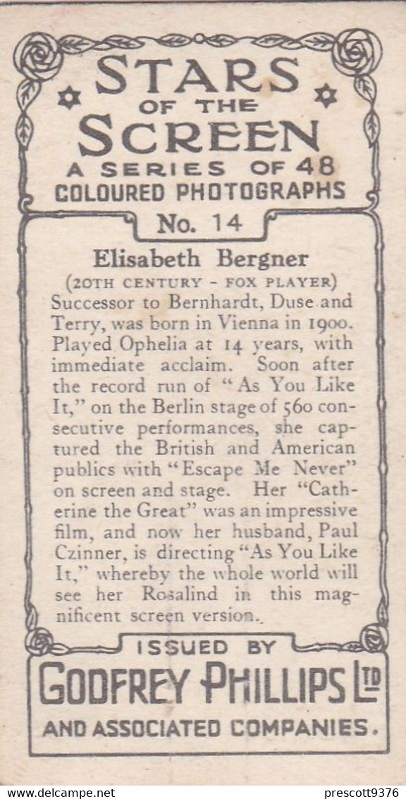 14 Elisabeth Bergner - Stars Of The Screen 1936 - Original Phillips Cigarette Card - Film- Coloured Photo - Phillips / BDV