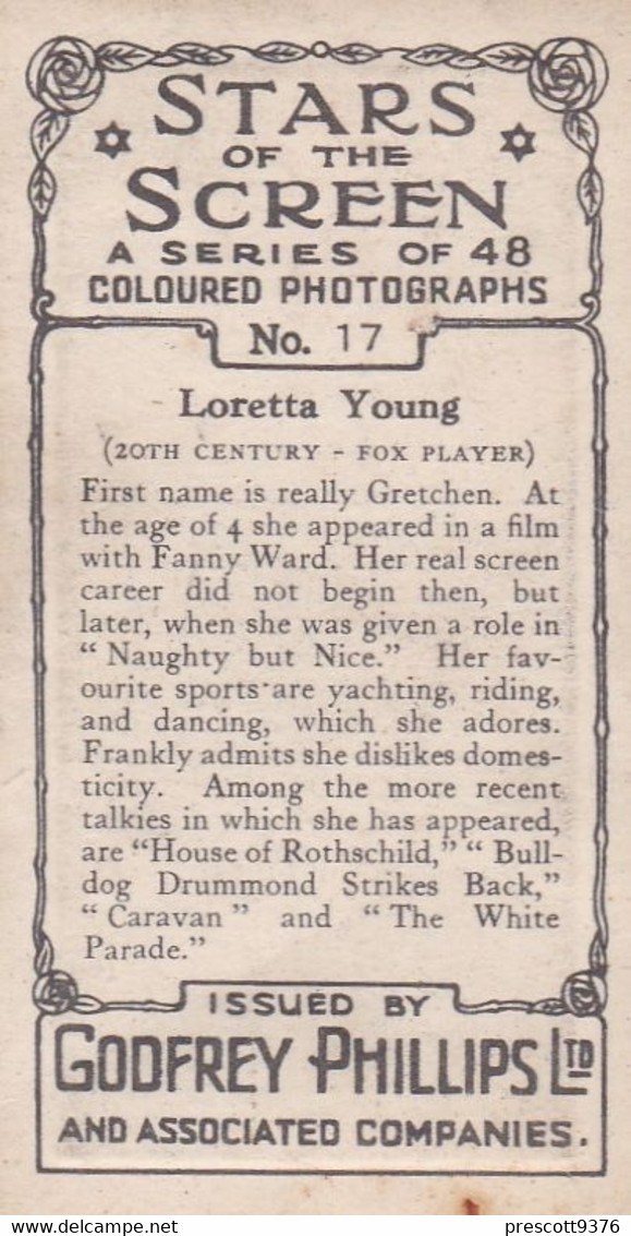 17 Loretta Young - Stars Of The Screen 1936 - Original Phillips Cigarette Card - Film- Coloured Photo - Phillips / BDV