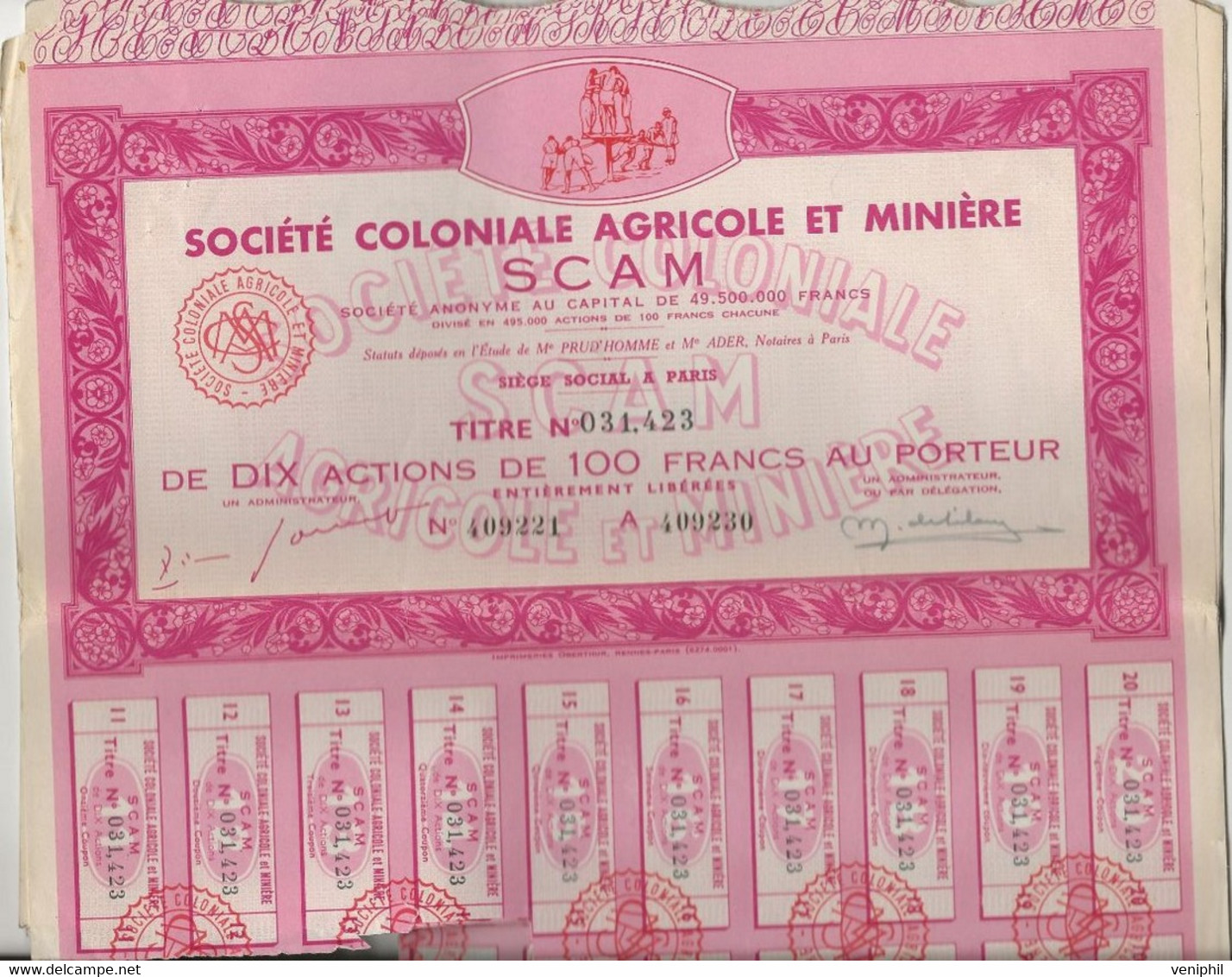 SOCIETE COLONIALE AGRICOLE ET MINIERE "SCAM"  LOT DE 10 ACTIONS DE 100 FRS. - Miniere