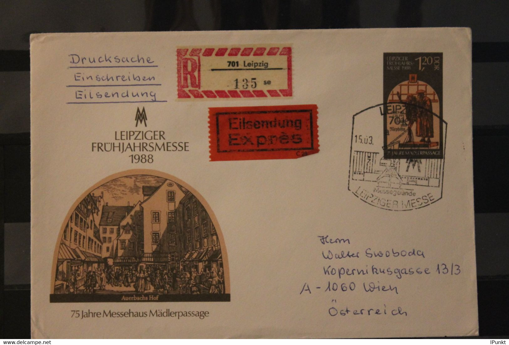 DDR 1988, Ganzsache U 8; Leipziger Frühjahrsmesse; Eilboten, Einschreiben Nach Wien, SST - Briefomslagen - Gebruikt