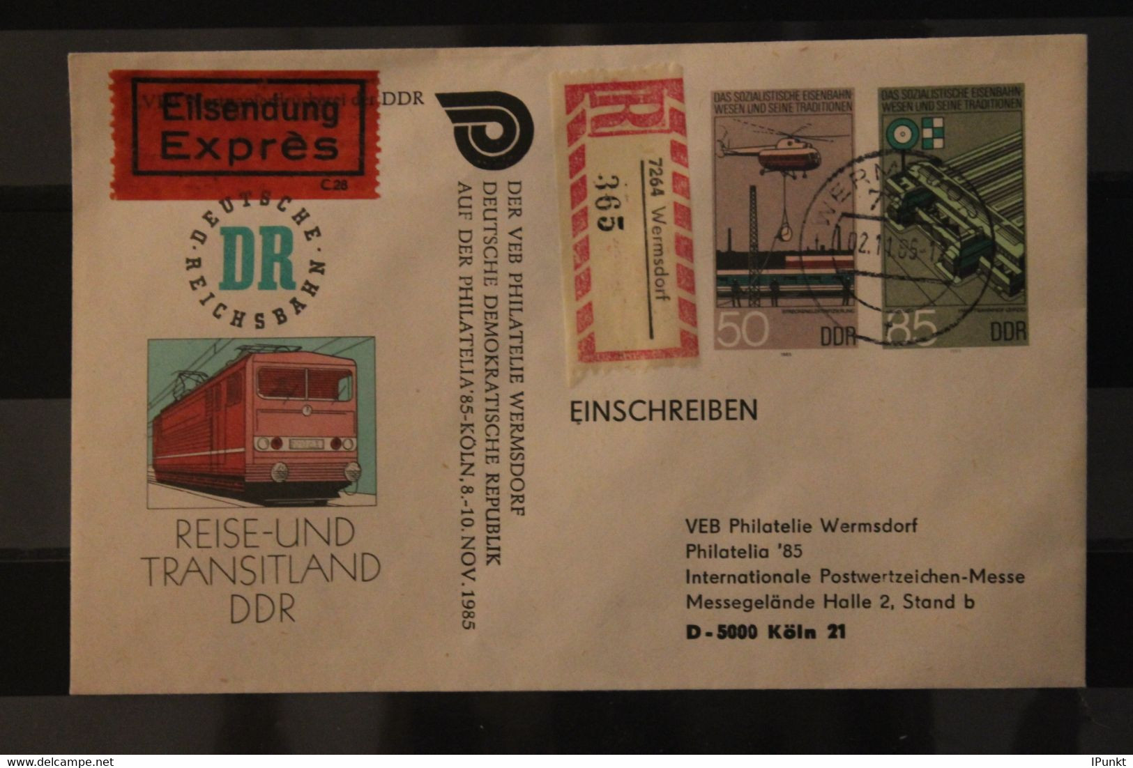 DDR 1985, Ganzsache U 3; Eisenbahnwesen, Mit Zudruck PHILATELIA '85 Köln, Einschreiben, Eilboten - Covers - Used