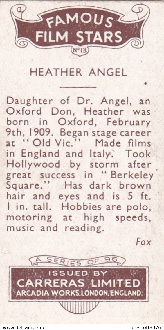 13 Heather Angel - Famous Film Stars 1935 - Original Carreras Cigarette Card - - Phillips / BDV