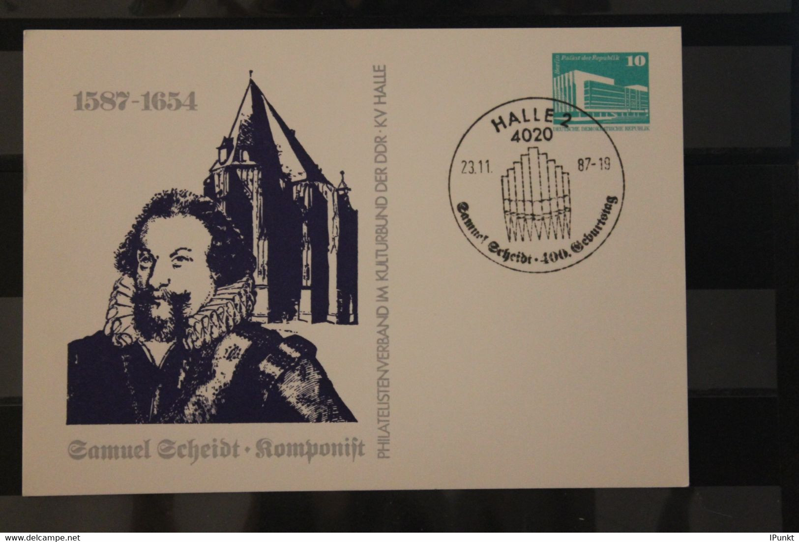 DDR 1987, Ganzsache Mit Zudruck: Samuel Scheidt, Komponist, Halle - Cartes Postales Privées - Oblitérées