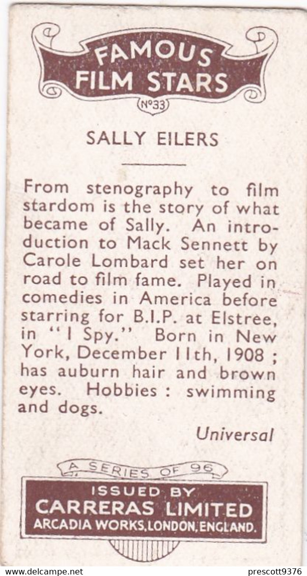 33 Sally Eilers - Famous Film Stars 1935 - Original Carreras Cigarette Card - - Phillips / BDV