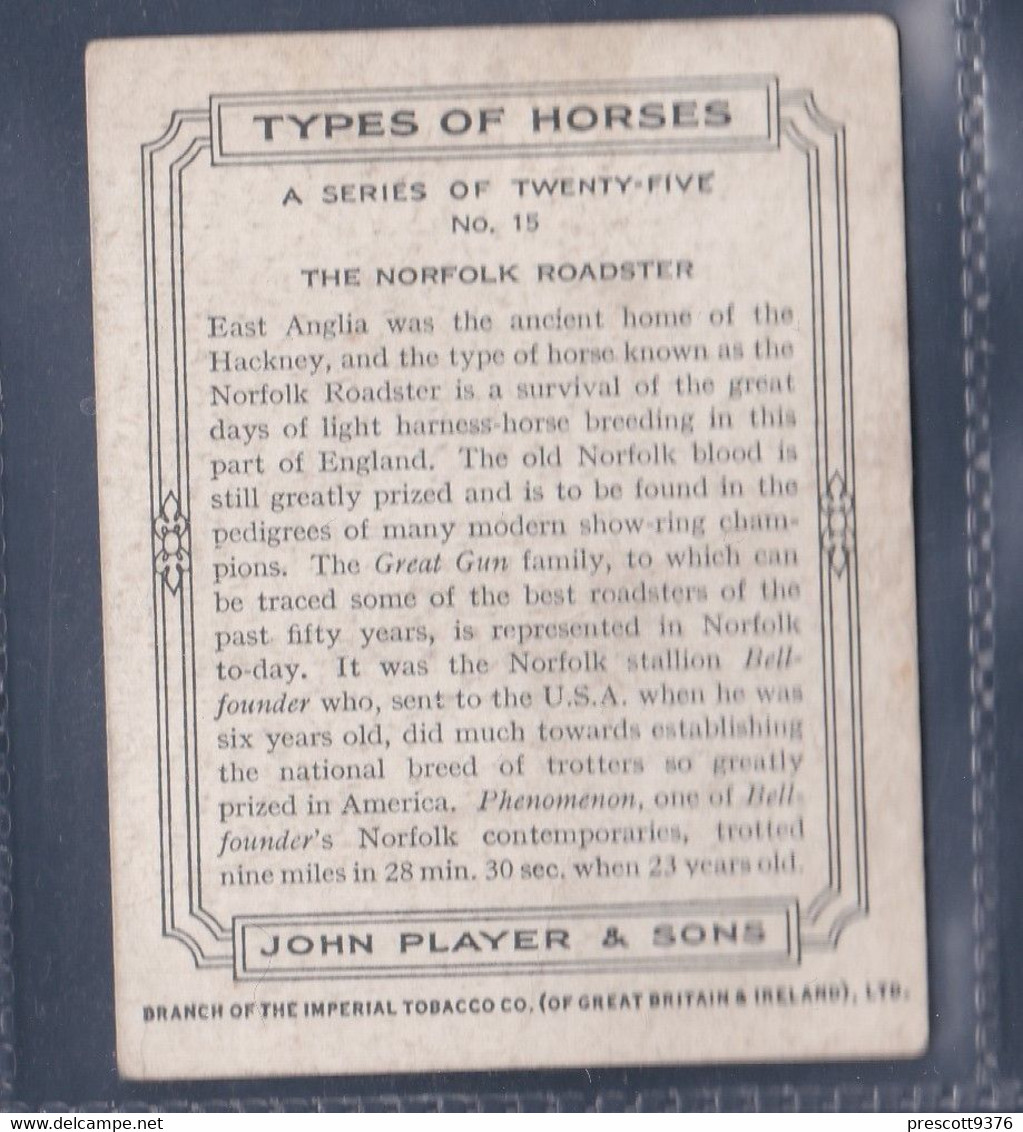 Types Of Horses 1939 - 15 Norfolk Roadster  - Original Players Cigarette Card - L Size 6x8cm - Phillips / BDV