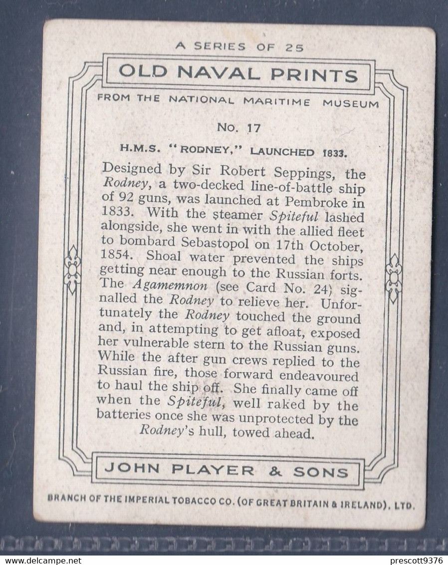 Old Naval Prints 1936  - 17 HMS Rodney - Original Players Cigarette Card - L Size 6x8cm - Phillips / BDV