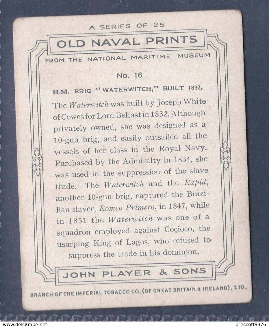Old Naval Prints 1936  - 16 HMS Water Witch - Original Players Cigarette Card - L Size 6x8cm - Phillips / BDV