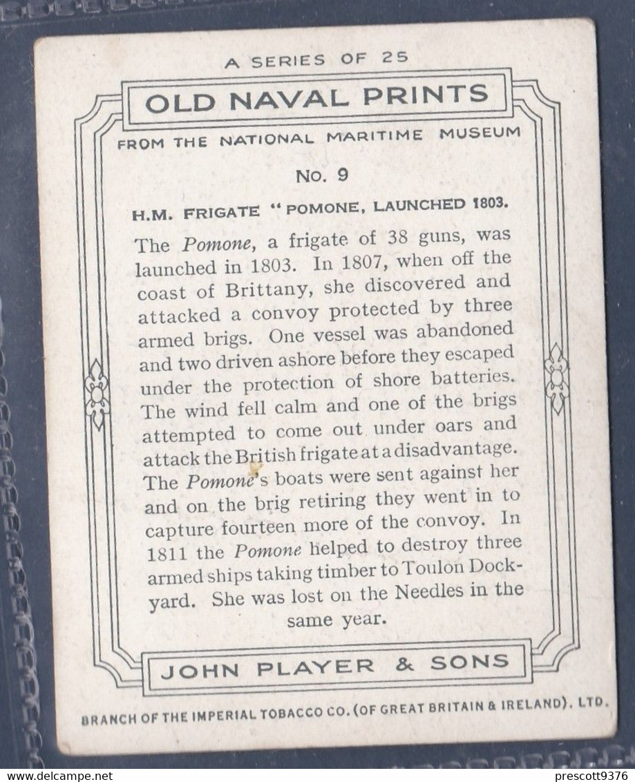 Old Naval Prints 1936  - 9 HMS Pomone - Original Players Cigarette Card - L Size 6x8cm - Phillips / BDV