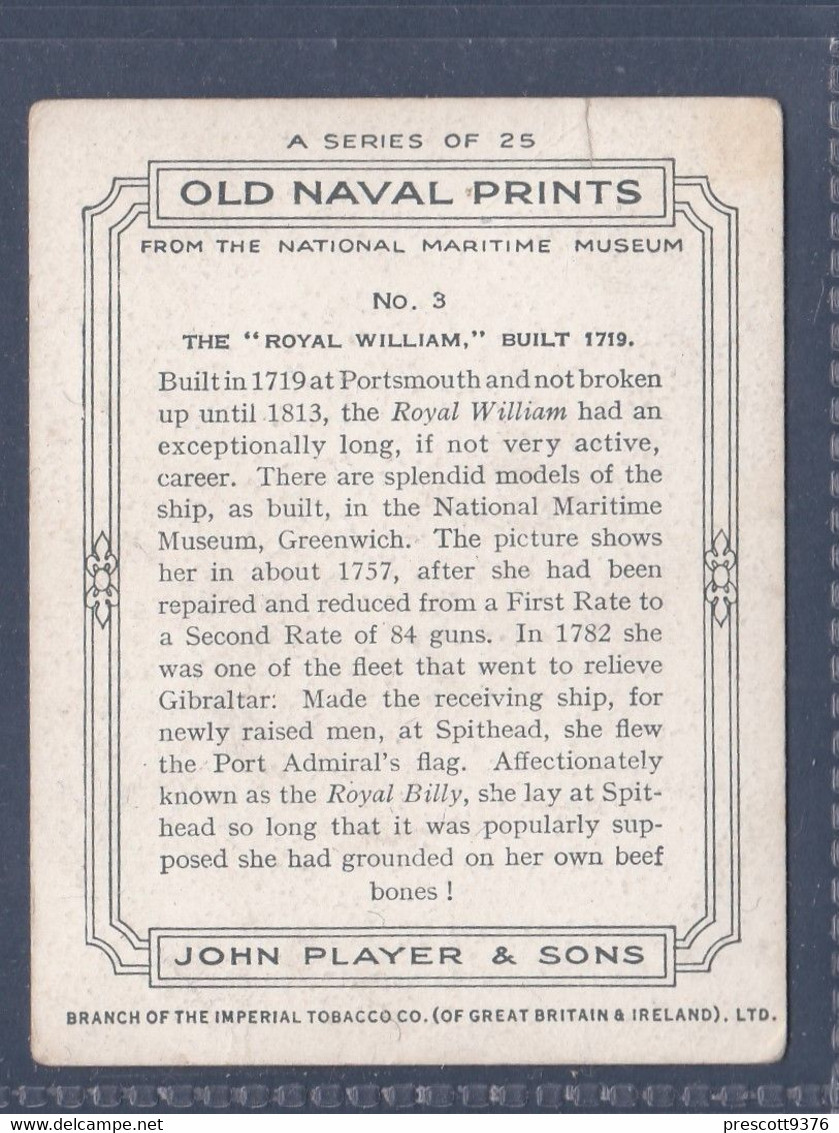 Old Naval Prints 1936  -  3 The "Royal William" - Original Players Cigarette Card - L Size 6x8cm - Phillips / BDV