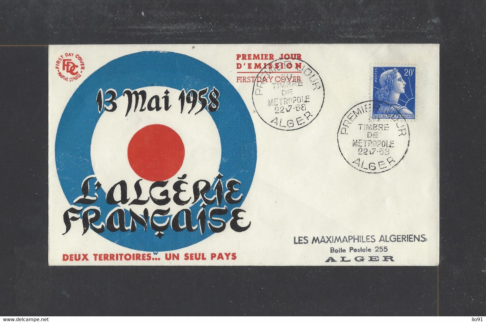 FRANCE.  YT  FDC   N° 1011B   Oblitération 1er Jour  ALGER  22-7-58 - 1950-1959