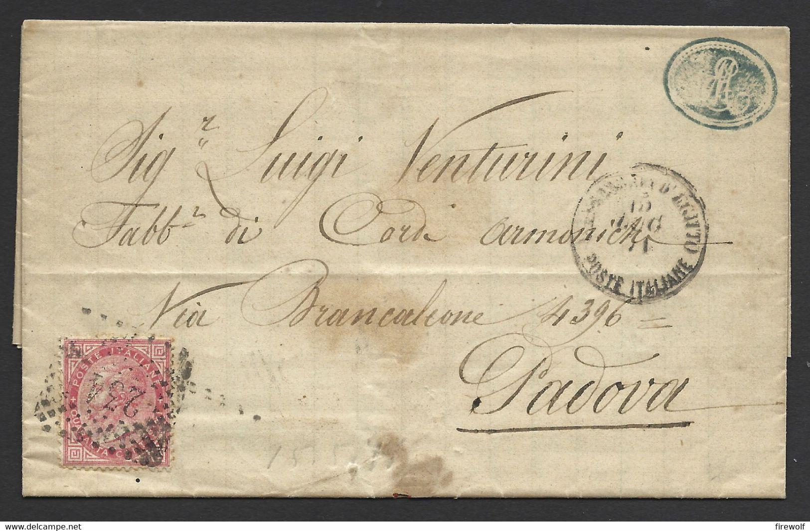 [C18] Cover 1871 Alexandria Egypt To Padova Italy - Consular Office - Cancel 234 On 1863 40 Cent Stamp - Algemene Uitgaven