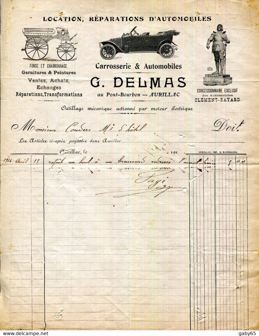 FACTURE.15.CANTAL.AURILLAC.LOCATION.REPARATIONS D'AUTOMOBILES.G.DELMAS CONCSS.DES AUTOS CLEMENT-BAYARD AU PONT BOURBON. - Automobile