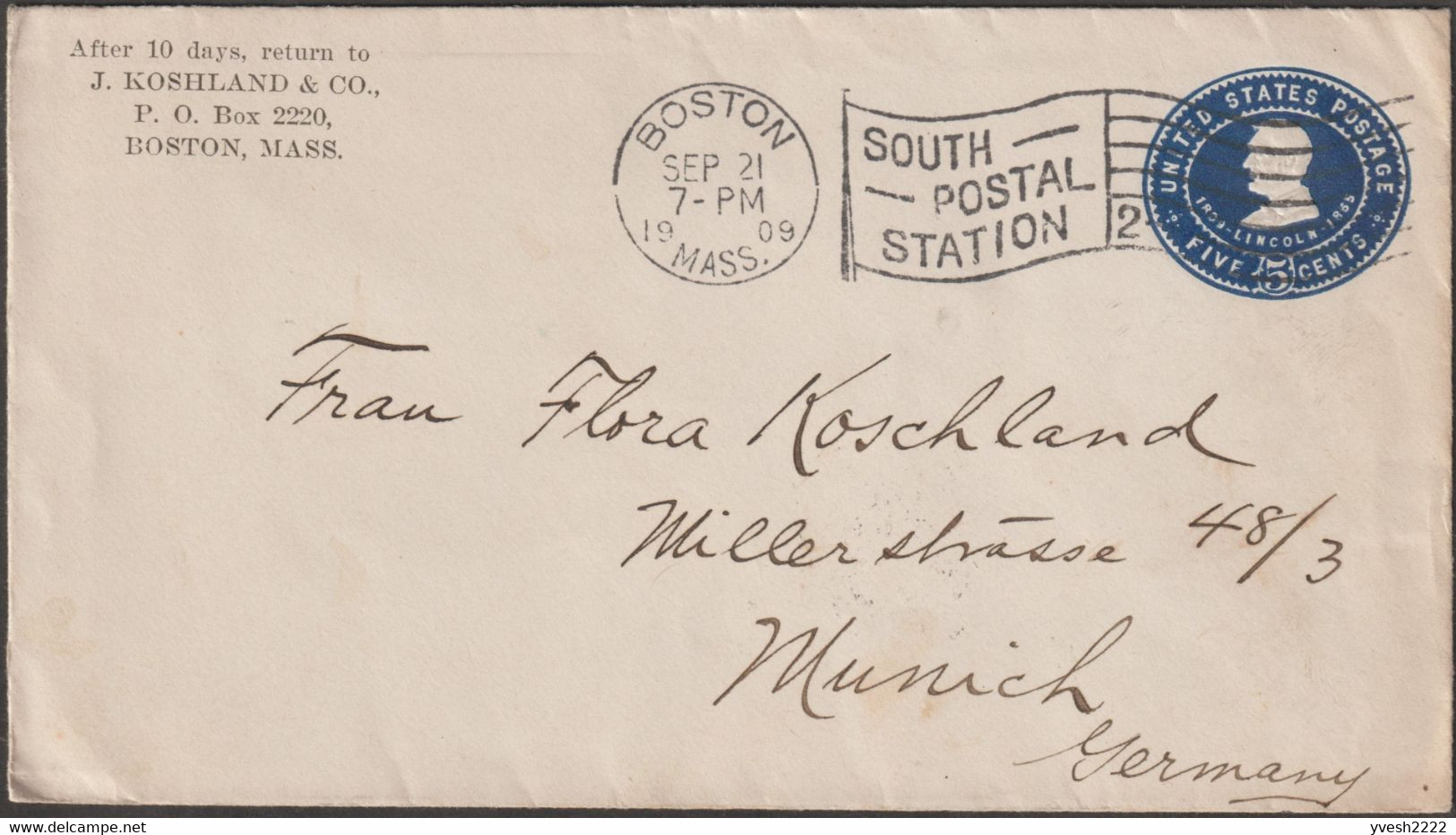 USA 1903. Entier Postal 5 C Lincoln (U393) Pour Munich. J. Koshland & Co Boston - 1901-20