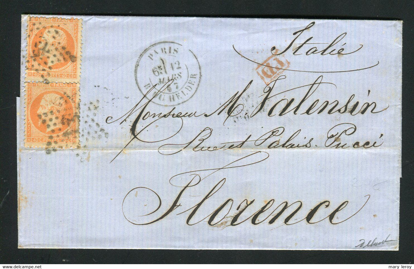 Superbe Lettre En Double Port De Paris Pour Florence ( Italie 1867 ) Avec Deux N° 23 - 1862 Napoleon III