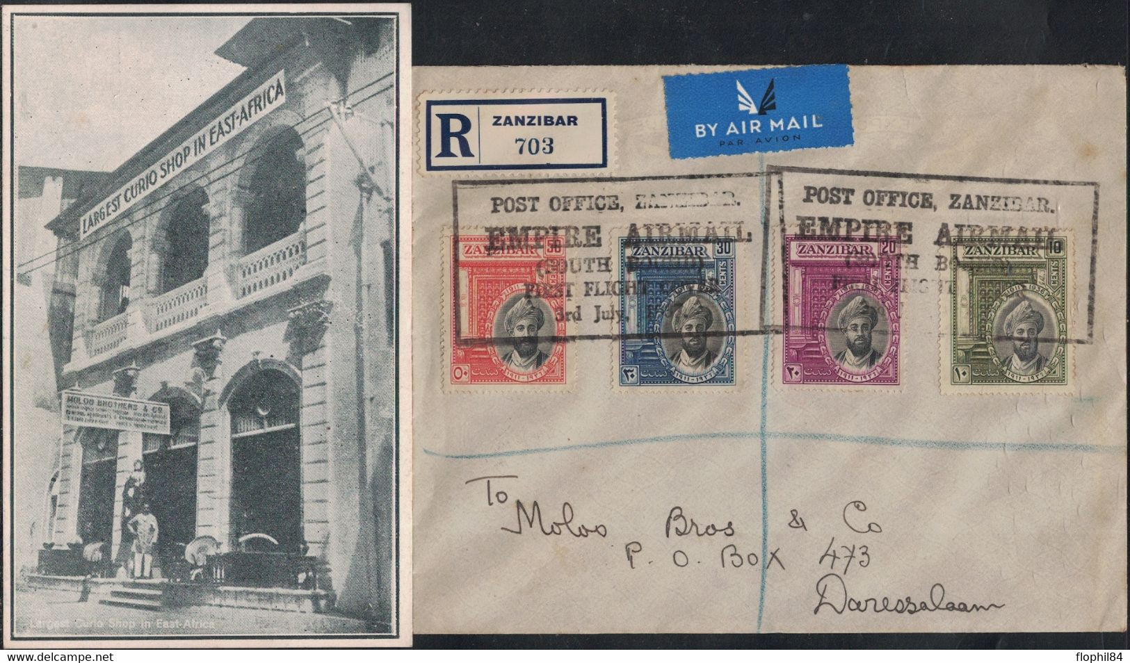 ZANZIBAR - LETTRE RECOMMANDEE AERIENNE - BEL AFFRANCHISSEMENT - POST OFFICE ZANZIBAR /EMPIRE AIR MAIL/ FIRST FLIGHT - AV - Zanzibar (...-1963)