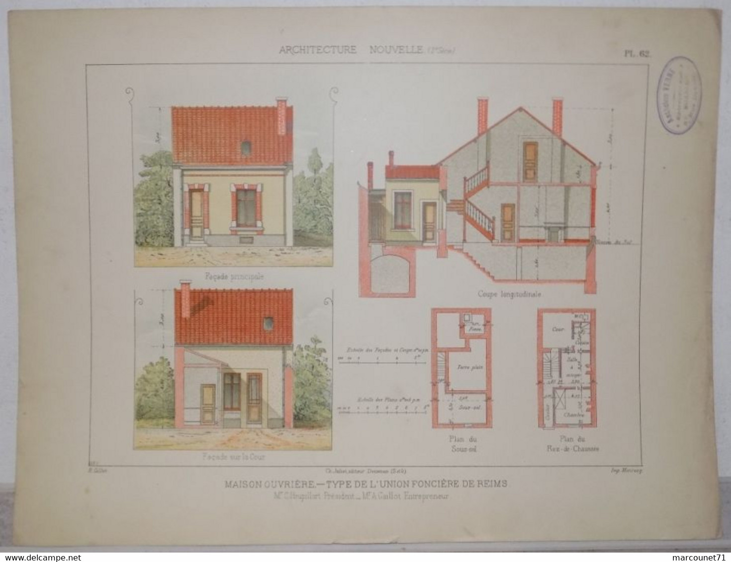 RARE ET ANCIEN DOCUMENT PLAN ARCHITECTE ARCHITECTURE NOUVELLE 1900 MAISON OUVRIÈRE TYPE DE L'UNION FONCIÈRE DE REIMS - Architektur