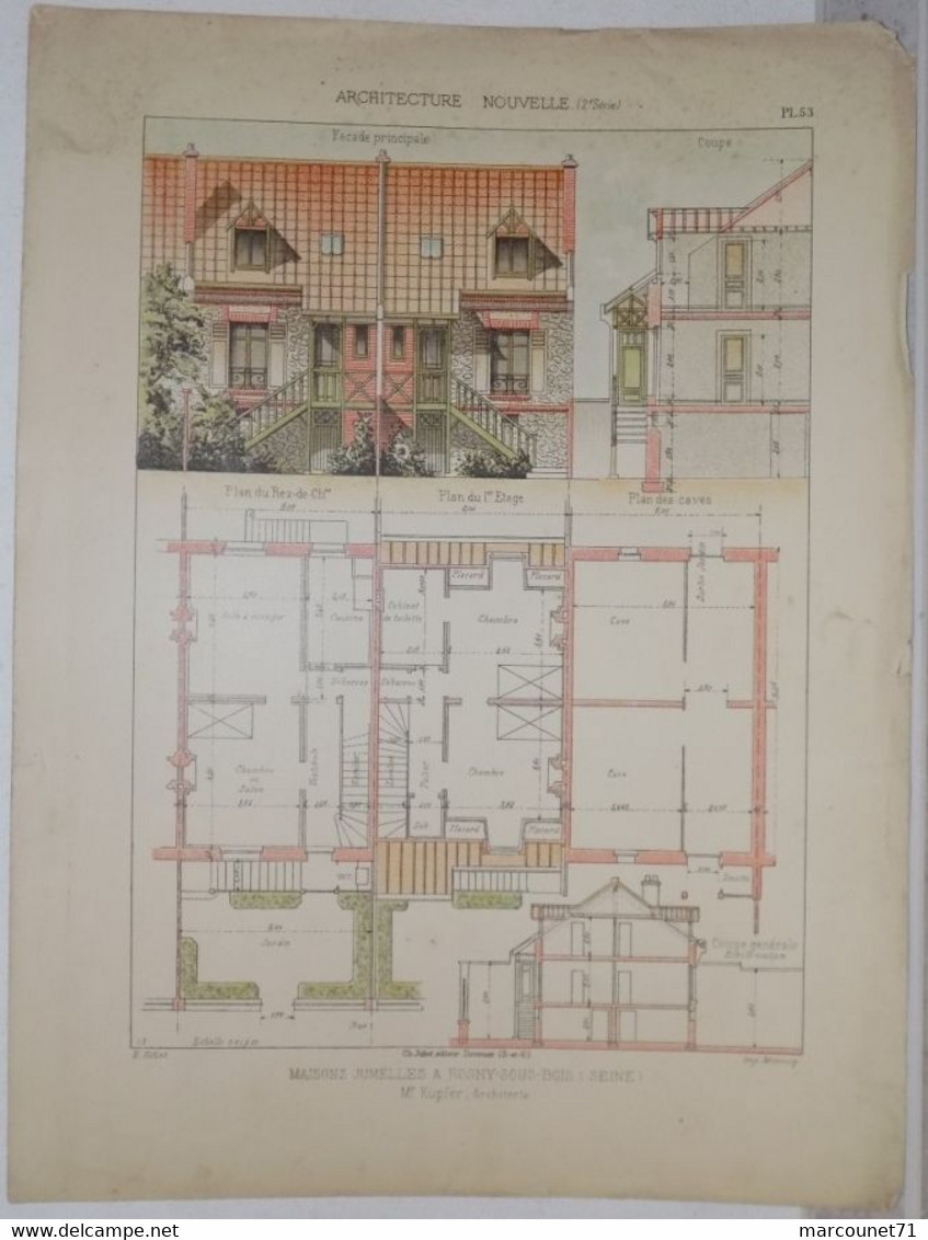 RARE ET ANCIEN DOCUMENT PLAN ARCHITECTE ARCHITECTURE NOUVELLE 1900 MAISONS JUMELLES ROSNY SOUS BOIS SEINE - Architecture