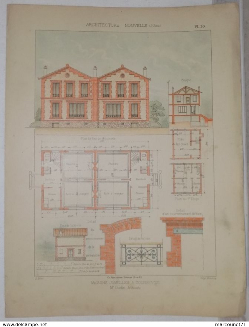 RARE ET ANCIEN DOCUMENT PLAN ARCHITECTE ARCHITECTURE NOUVELLE 1900 MAISONS JUMELLES A COURBEVOIE - Architecture