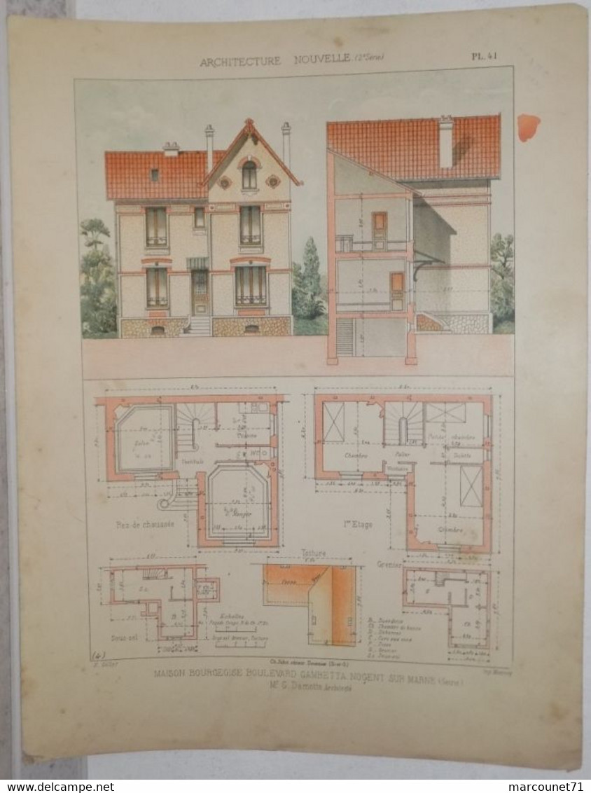 RARE ET ANCIEN DOCUMENT PLAN ARCHITECTE ARCHITECTURE NOUVELLE 1900 MAISON BOURGEOISE BOULEVARD GAMBETTA NOGENT SUR MARNE - Architecture