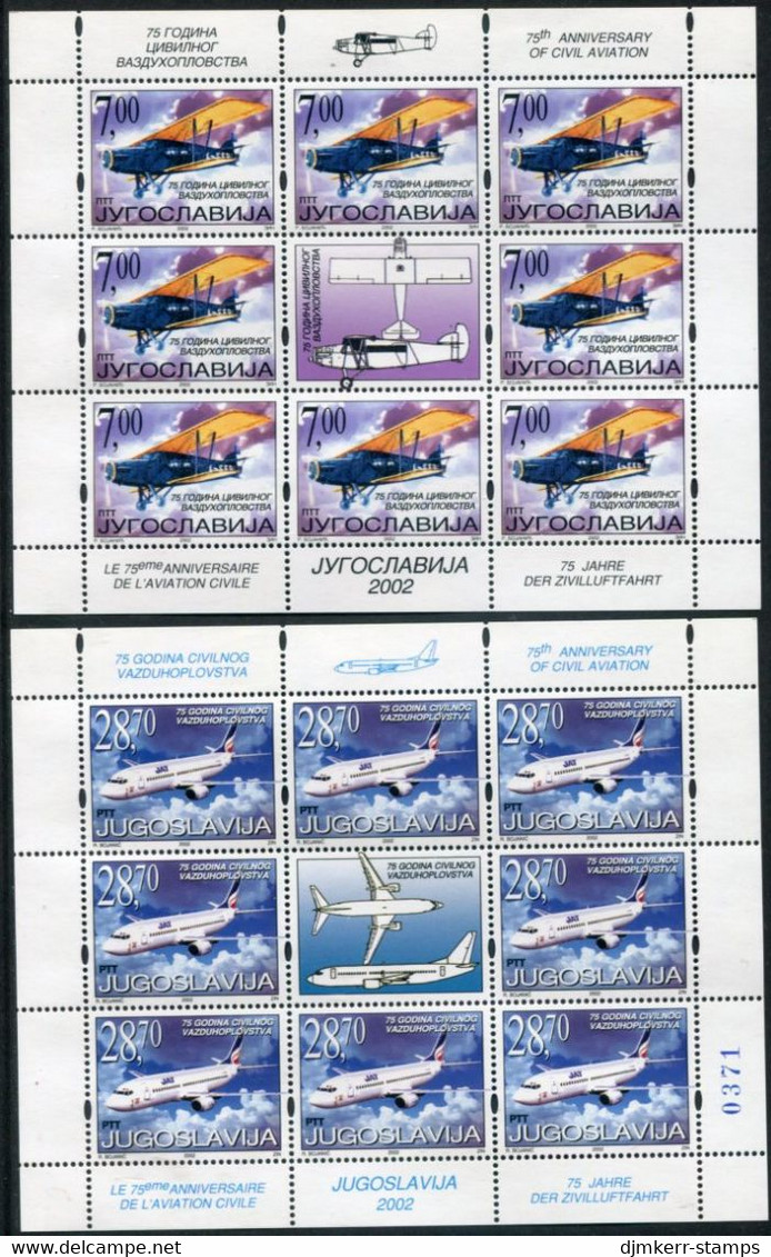YUGOSLAVIA 2002 Civil Aviation Sheetlets MNH / **.  Michel 3079-80 Kb - Hojas Y Bloques