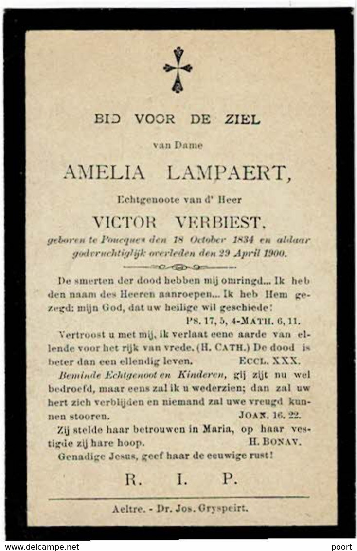 POEKE - Amelia LAMPAERT - Echtg. Victor VERBIEST - °1834 En +1900 - Andachtsbilder