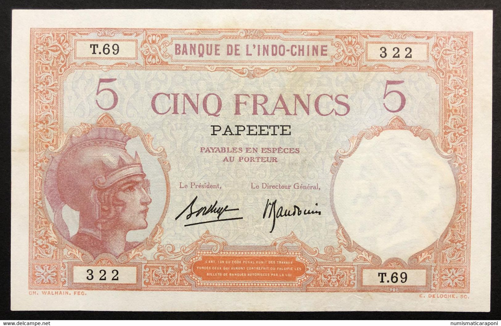 Banque De L'indo-chine Tahiti Papete 1927 5 Francs Pick#11b Spl+  LOTTO 3692 - Altri – Oceania