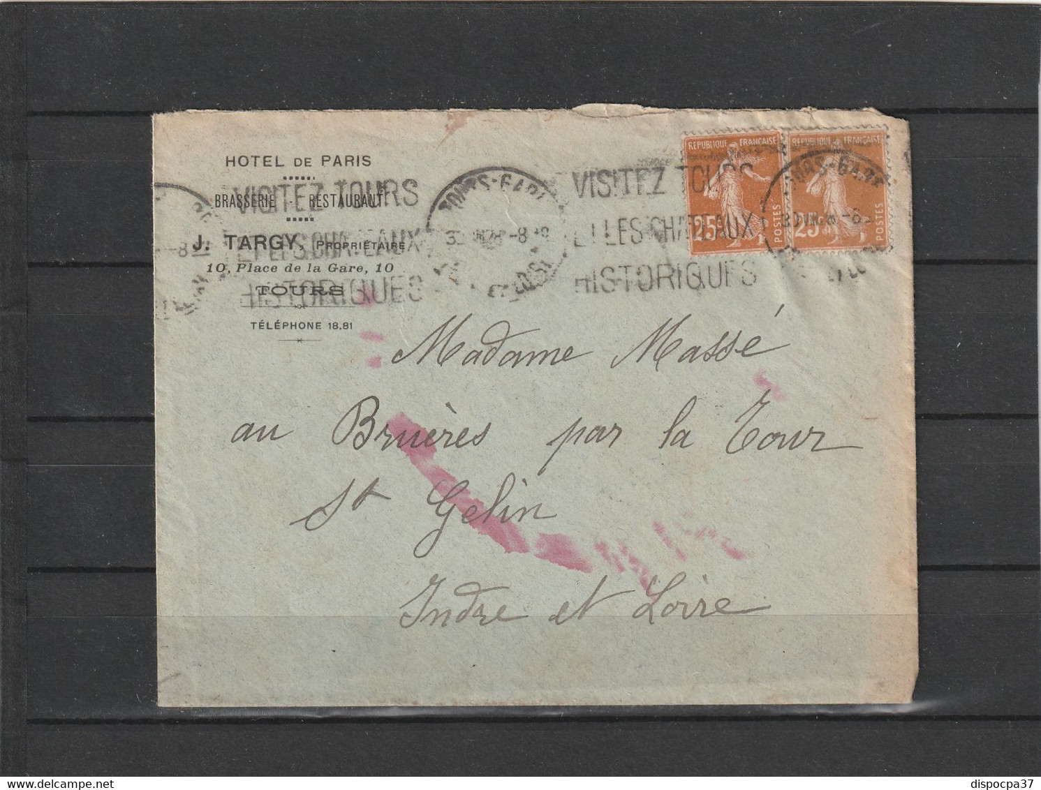 FRANCE  TYPE SEMEUSE N°190   - LAC Départ TOURS GARE  30/VIII/1918 - REF MS - 1921-1960: Periodo Moderno