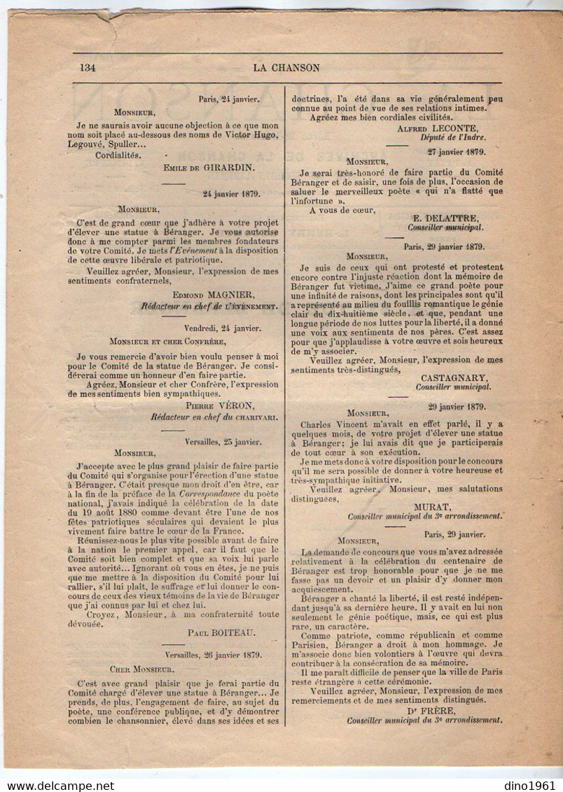 VP18.980 - PARIS 1879 - ¨ LA CHANSON ¨ Revue Bi - Mensuelle - La Statue De BERANGER ( Ami De Victor HUGO ) - Revues Anciennes - Avant 1900